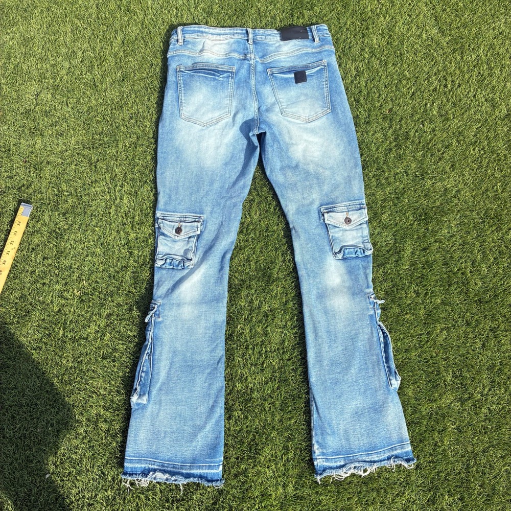 Valabasas Mens 35x34 Light Wash Blue Stacked Pocket Cargo Jeans Denim Flare Y2K - Picture 2 of 10